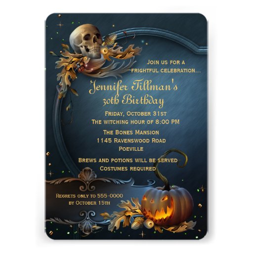 Skull and Pumpkin Halloween Birthday Party Custom Announcement (front side)