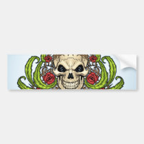 skull, skulls, rose, roses, thorn, thorns, red, green, symmetrical, design, al rio, Bumper Sticker with custom graphic design