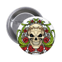 skull, skulls, rose, roses, thorn, thorns, red, green, symmetrical, design, art, al rio, vampires, Button with custom graphic design
