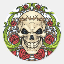 skull, skulls, rose, roses, thorn, thorns, red, green, symmetrical, design, art, al rio, vampires, Sticker with custom graphic design