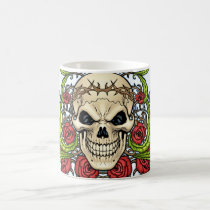 skull, skulls, rose, roses, thorn, thorns, red, green, symmetrical, design, al rio, Mug with custom graphic design