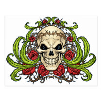 skull, skulls, rose, roses, thorn, thorns, red, green, symmetrical, design, art, al rio, vampires, Postcard with custom graphic design