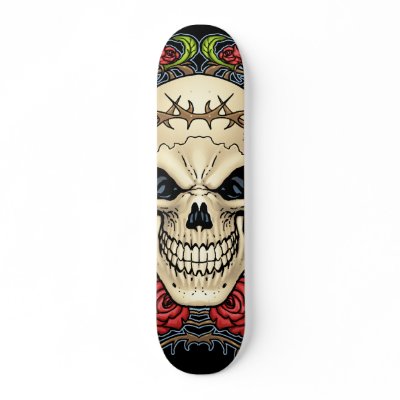 Skull and Roses with Crown Of Thorns by Al Rio Skate Board Deck by AlRioArt