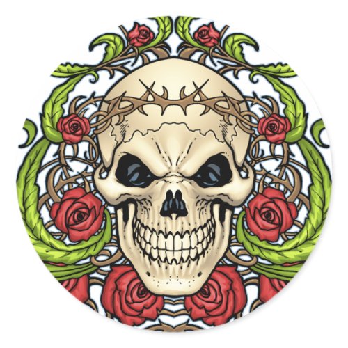 Skull and Roses with Crown Of Thorns by Al Rio sticker