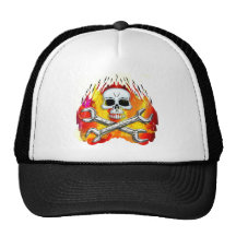 Skull Flames and Crossed Chrome Wrenches Trucker Hats