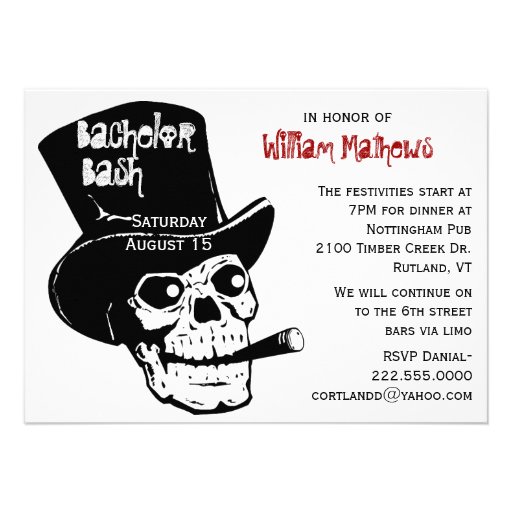 Skull in Top Hat Bachelor Party Invitation