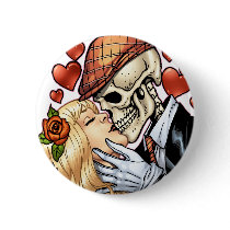 Skull Kiss with Hearts and Roses by Al Rio Buttons
