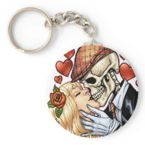 Skull Kiss with Hearts and Roses by Al Rio Key Chains