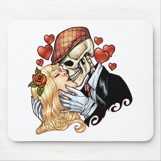 Skull Kiss with Hearts and Roses by Al Rio Mouse Pads