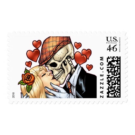Skull Kiss with Hearts and Roses by Al Rio Postage Stamp