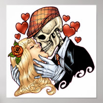 Skull Kiss with Hearts and Roses by Al Rio Print