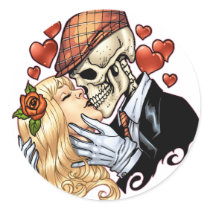 Skull Kiss with Hearts and Roses by Al Rio Round Sticker
