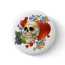 Skull Love - Skulls, Roses and Hearts by Al Rio Pinback Buttons