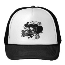 evil, skull, skulls, heart, hearts, flower, flowers, rose, roses, black, rio, rap, Trucker Hat with custom graphic design