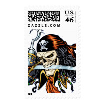 Skull Pirate with Sword and Hook by Al Rio Postage Stamps