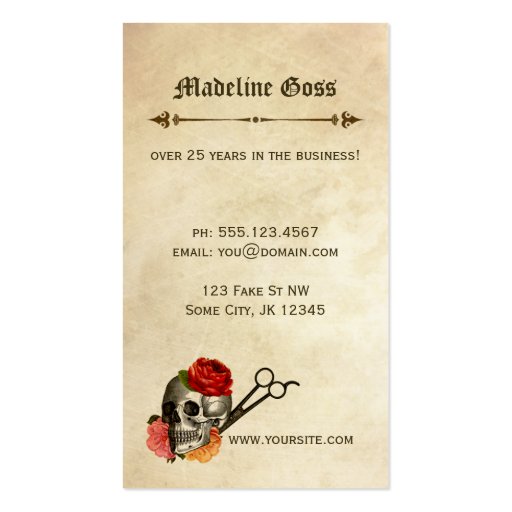 skull vintage floral hairstylist hair stylist business card templates (back side)