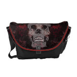 Skull with Crown on Grunge Black Lace Red Damask Messenger Bag