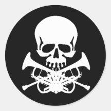 Skull with Trumpets as Crossbones Round Sticker
