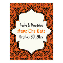 Skulls damask orange black Halloween Save the Date Postcard