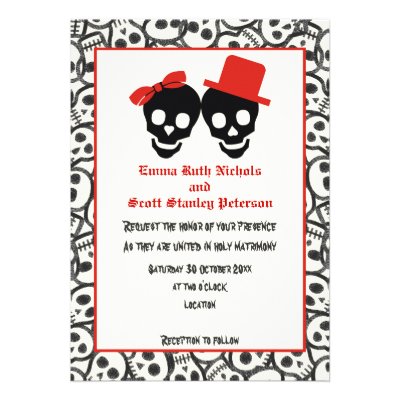 Skulls Halloween red black wedding invitation