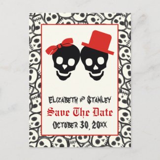Skulls Halloween red black wedding Save the Date zazzle_postcard