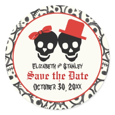 Skulls Halloween red black wedding Save the Date Round Stickers