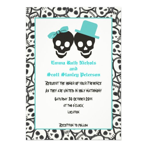Skulls Halloween turquoise wedding invitation