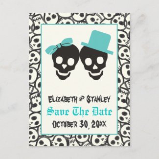 Skulls Halloween Turquoise wedding Save the Date postcard