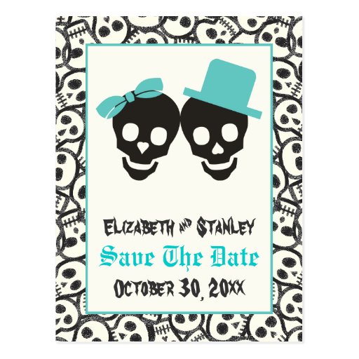 Skulls Halloween Turquoise wedding Save the Date Post Card