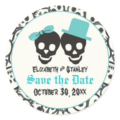 Skulls Halloween Turquoise wedding Save the Date Round Stickers