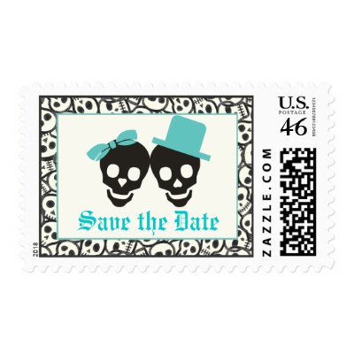 Skulls turquoise Halloween wedding Save the Date Postage Stamp