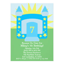 Sky Blue Bounce On Over Moon Bounce Birthday Party Custom Invitation