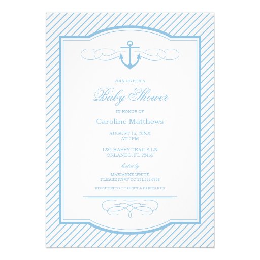 Sky Blue Nautical Anchor and Stripes Baby Shower Personalized Announcements