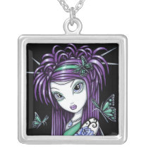 sky, butterfly, blue, rose, tattoo, plum, cute, fairy, faery, fae, faerie, pixie, plus, sixe, extended, sized, top, shirt, tshirt, fantasy, art, big, eyed, myka, jelina, mika, butterflies and moths, Necklace with custom graphic design