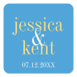 Sky blue yellow typography modern wedding favor square sticker