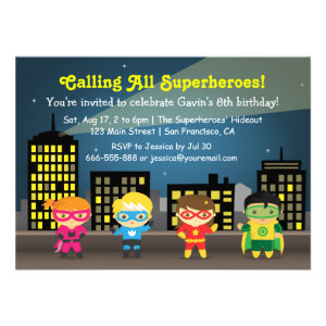 Skyline Superhero Birthday Party For Kids Announcement