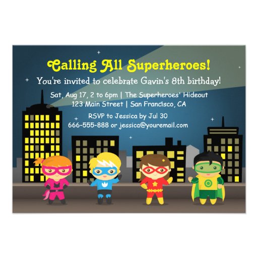 Skyline Superhero Birthday Party For Kids Announcement (front side)