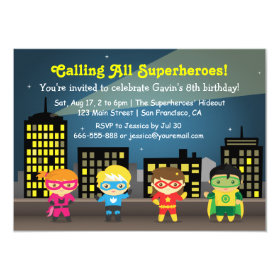 Skyline Superhero Birthday Party For Kids 4.5x6.25 Paper Invitation Card