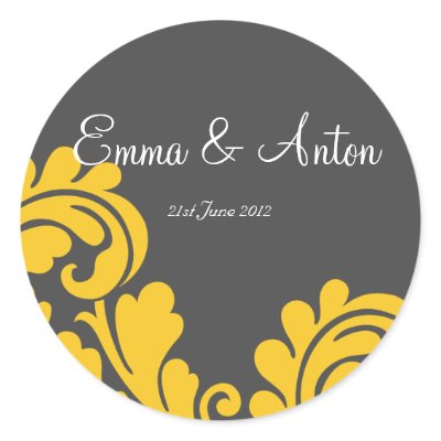 slate grey & yellow damask Favor/Envelope sticker