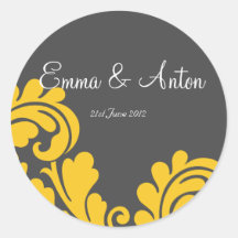 slate grey & yellow damask Favor/Envelope sticker