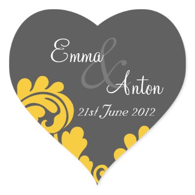 slate grey yellow damask Save the date sticker by Cards by Cathy