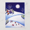 Sled Riders Under Moon Winter Folk Art Post Cards postcard