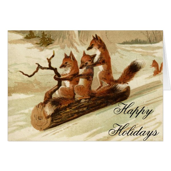 Sledding Foxes Vintage Christmas Card