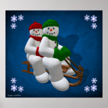 Sledding Vintage Snowmen Poster