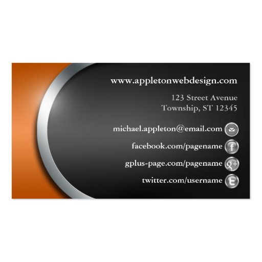 Sleek Orange with Social Networking Buttons Business Cards (back side)