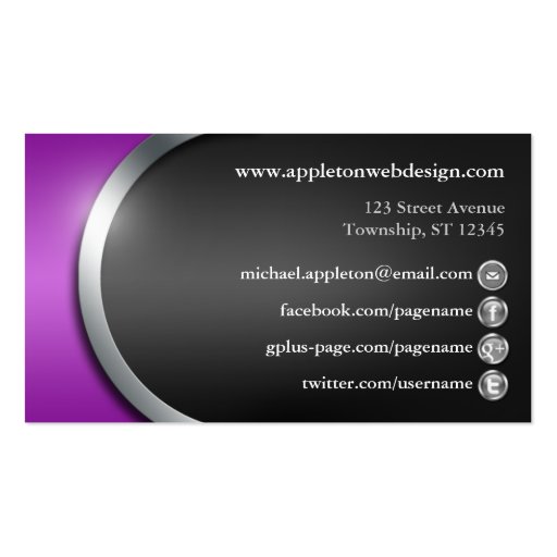 Sleek Purple with Social Networking Buttons Business Card Template (back side)