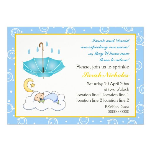 Sleeping baby boy sprinkle blue yellow invitation
