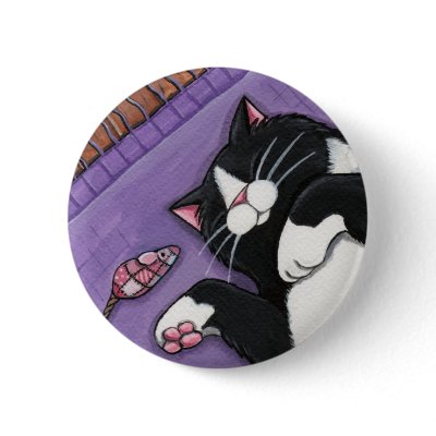 Sleeping Black Cat and Toy Mouse - Cat Art Button