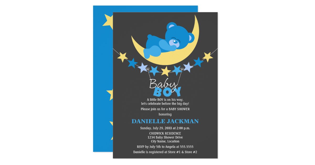 Sleeping Blue Boy Teddy Bear on Moon Baby Shower Card | Zazzle