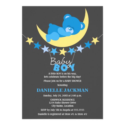 Sleeping Blue Boy Teddy Bear on Moon Baby Shower Personalized Announcements
